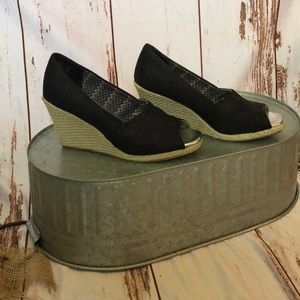 Peep Toe Wedges Black with Brown Wedge